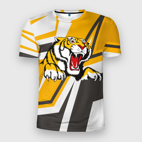 Мужская футболка 3D спортивная с принтом Тигр в Тюмени, 100% полиэстер с улучшенными характеристиками | приталенный силуэт, круглая горловина, широкие плечи, сужается к линии бедра | дыра | дырка | крупная кошка | разрывает | тигр | тигрица
