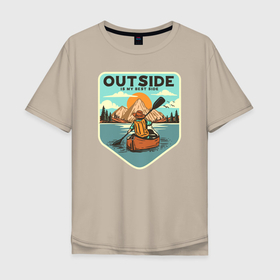 Мужская футболка хлопок Oversize с принтом Один на реке в Кировске, 100% хлопок | свободный крой, круглый ворот, “спинка” длиннее передней части | горы | каяк | лодка | один | охота | путешествие | река | рыбалка