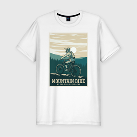 Мужская футболка хлопок Slim с принтом Покоритель гор в Новосибирске, 92% хлопок, 8% лайкра | приталенный силуэт, круглый вырез ворота, длина до линии бедра, короткий рукав | mountain bike | горный велосипед | горы | моунтайн байк | экстремальный спорт | экстрим