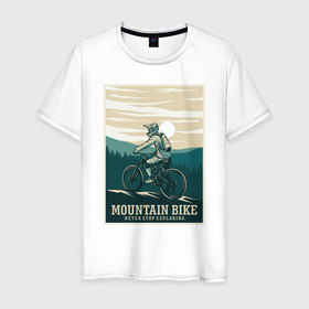 Мужская футболка хлопок с принтом Покоритель гор в Тюмени, 100% хлопок | прямой крой, круглый вырез горловины, длина до линии бедер, слегка спущенное плечо. | mountain bike | горный велосипед | горы | моунтайн байк | экстремальный спорт | экстрим