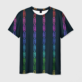 Мужская футболка 3D с принтом скрепки в Екатеринбурге, 100% полиэфир | прямой крой, круглый вырез горловины, длина до линии бедер | Тематика изображения на принте: геометрический | канцелярия | пыльно розовый | разноцветный | скрепки | ученик | школа