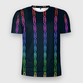Мужская футболка 3D Slim с принтом скрепки в Белгороде, 100% полиэстер с улучшенными характеристиками | приталенный силуэт, круглая горловина, широкие плечи, сужается к линии бедра | геометрический | канцелярия | пыльно розовый | разноцветный | скрепки | ученик | школа