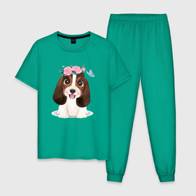 Мужская пижама хлопок с принтом Милый бассет хаунд с цветами в Тюмени, 100% хлопок | брюки и футболка прямого кроя, без карманов, на брюках мягкая резинка на поясе и по низу штанин
 | Тематика изображения на принте: cute | dog | woof | бассет хаунд | гав | забавный | пес | песель | песик | смешной | собака | собачка | щенок