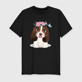 Мужская футболка хлопок Slim с принтом Милый бассет хаунд с цветами в Тюмени, 92% хлопок, 8% лайкра | приталенный силуэт, круглый вырез ворота, длина до линии бедра, короткий рукав | Тематика изображения на принте: cute | dog | woof | бассет хаунд | гав | забавный | пес | песель | песик | смешной | собака | собачка | щенок