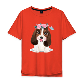 Мужская футболка хлопок Oversize с принтом Милый бассет хаунд с цветами в Санкт-Петербурге, 100% хлопок | свободный крой, круглый ворот, “спинка” длиннее передней части | cute | dog | woof | бассет хаунд | гав | забавный | пес | песель | песик | смешной | собака | собачка | щенок