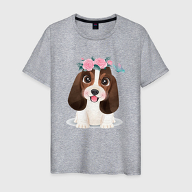 Мужская футболка хлопок с принтом Милый бассет хаунд с цветами в Екатеринбурге, 100% хлопок | прямой крой, круглый вырез горловины, длина до линии бедер, слегка спущенное плечо. | Тематика изображения на принте: cute | dog | woof | бассет хаунд | гав | забавный | пес | песель | песик | смешной | собака | собачка | щенок
