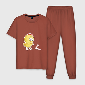 Мужская пижама хлопок с принтом Цыпа в Тюмени, 100% хлопок | брюки и футболка прямого кроя, без карманов, на брюках мягкая резинка на поясе и по низу штанин
 | детский | детям | желтый | лето | малыш | прикол | розовый | цыпленок | червяк | юмор