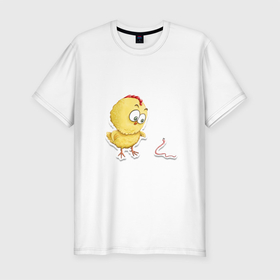 Мужская футболка хлопок Slim с принтом Цыпа в Тюмени, 92% хлопок, 8% лайкра | приталенный силуэт, круглый вырез ворота, длина до линии бедра, короткий рукав | Тематика изображения на принте: детский | детям | желтый | лето | малыш | прикол | розовый | цыпленок | червяк | юмор