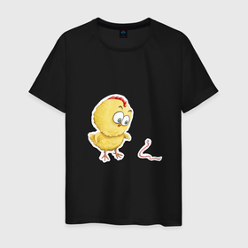 Мужская футболка хлопок с принтом Цыпа в Санкт-Петербурге, 100% хлопок | прямой крой, круглый вырез горловины, длина до линии бедер, слегка спущенное плечо. | детский | детям | желтый | лето | малыш | прикол | розовый | цыпленок | червяк | юмор