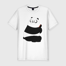 Мужская футболка хлопок Slim с принтом Возмущенная панда в Санкт-Петербурге, 92% хлопок, 8% лайкра | приталенный силуэт, круглый вырез ворота, длина до линии бедра, короткий рукав | белый медведь | возмущение | животное | зависимость | медведь | панда | телефон