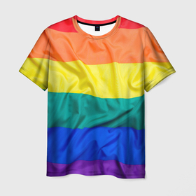 Мужская футболка 3D с принтом Радуга - мятая ткань полотно в Санкт-Петербурге, 100% полиэфир | прямой крой, круглый вырез горловины, длина до линии бедер | gey | би | гендер | квир | маска | меньшинства | огбткю | равноправие | радуга | радужный | трансгендер | трансы | флаг