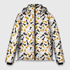 Мужская зимняя куртка 3D с принтом Шахматные Фигуры в Курске, верх — 100% полиэстер; подкладка — 100% полиэстер; утеплитель — 100% полиэстер | длина ниже бедра, свободный силуэт Оверсайз. Есть воротник-стойка, отстегивающийся капюшон и ветрозащитная планка. 

Боковые карманы с листочкой на кнопках и внутренний карман на молнии. | chess | игра | король | ладья | математика | пешка | ферзь | чёрно белые | шах и мат | шахматист | шахматная доска | шахматные фигуры | шахматы