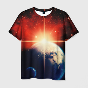 Мужская футболка 3D с принтом Космос земля 3D в Екатеринбурге, 100% полиэфир | прямой крой, круглый вырез горловины, длина до линии бедер | вселенная | галактика | звёзды | земля | космос | лучи | рассвет | сияние | солнце