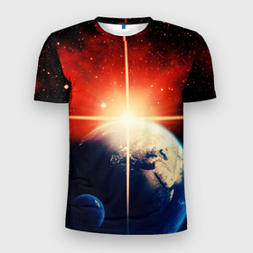Мужская футболка 3D спортивная с принтом Космос земля 3D в Кировске, 100% полиэстер с улучшенными характеристиками | приталенный силуэт, круглая горловина, широкие плечи, сужается к линии бедра | вселенная | галактика | звёзды | земля | космос | лучи | рассвет | сияние | солнце