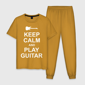 Мужская пижама хлопок с принтом PLAY GUITAR в Курске, 100% хлопок | брюки и футболка прямого кроя, без карманов, на брюках мягкая резинка на поясе и по низу штанин
 | blues | calm | guitar | keep | music | play | pop | rock | блюз | гитара | гитарист | играй | метал | музыка | музыкант | надпись | поп | рок | спокойствие | текст | цитата