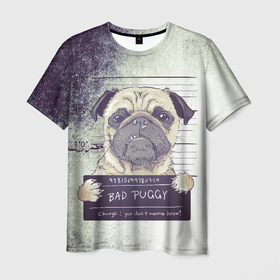 Мужская футболка 3D с принтом Bad Puggy в Петрозаводске, 100% полиэфир | прямой крой, круглый вырез горловины, длина до линии бедер | Тематика изображения на принте: арест | арт | графика | животные | заключенный | звери | мопс | собаки
