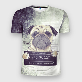 Мужская футболка 3D спортивная с принтом Bad Puggy в Белгороде, 100% полиэстер с улучшенными характеристиками | приталенный силуэт, круглая горловина, широкие плечи, сужается к линии бедра | Тематика изображения на принте: арест | арт | графика | животные | заключенный | звери | мопс | собаки