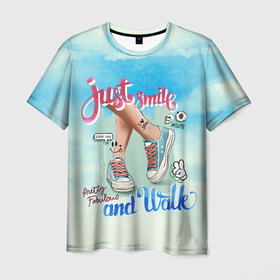 Мужская футболка 3D с принтом Just smile в Санкт-Петербурге, 100% полиэфир | прямой крой, круглый вырез горловины, длина до линии бедер | Тематика изображения на принте: арт | графика | кеды | лето | надписи | смайлы