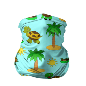 Бандана-труба 3D с принтом черепашки и пальмы в Тюмени, 100% полиэстер, ткань с особыми свойствами — Activecool | плотность 150‒180 г/м2; хорошо тянется, но сохраняет форму | вектор | детская иллюстрация | жара | желтый | животные | зеленый | зелень | камни | кусты | летний принт | лето | лучи | море | мультяшный принт | отпуск | пальмы | паттерн | песок | питомец | пляж
