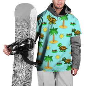 Накидка на куртку 3D с принтом черепашки и пальмы в Новосибирске, 100% полиэстер |  | вектор | детская иллюстрация | жара | желтый | животные | зеленый | зелень | камни | кусты | летний принт | лето | лучи | море | мультяшный принт | отпуск | пальмы | паттерн | песок | питомец | пляж