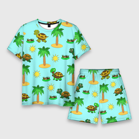 Мужской костюм с шортами 3D с принтом черепашки и пальмы ,  |  | вектор | детская иллюстрация | жара | желтый | животные | зеленый | зелень | камни | кусты | летний принт | лето | лучи | море | мультяшный принт | отпуск | пальмы | паттерн | песок | питомец | пляж