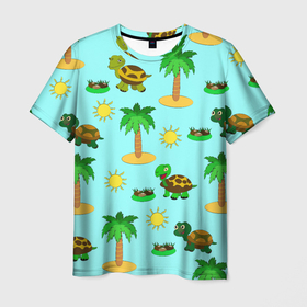 Мужская футболка 3D с принтом черепашки и пальмы в Тюмени, 100% полиэфир | прямой крой, круглый вырез горловины, длина до линии бедер | вектор | детская иллюстрация | жара | желтый | животные | зеленый | зелень | камни | кусты | летний принт | лето | лучи | море | мультяшный принт | отпуск | пальмы | паттерн | песок | питомец | пляж