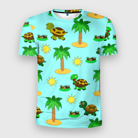 Мужская футболка 3D Slim с принтом черепашки и пальмы в Санкт-Петербурге, 100% полиэстер с улучшенными характеристиками | приталенный силуэт, круглая горловина, широкие плечи, сужается к линии бедра | вектор | детская иллюстрация | жара | желтый | животные | зеленый | зелень | камни | кусты | летний принт | лето | лучи | море | мультяшный принт | отпуск | пальмы | паттерн | песок | питомец | пляж