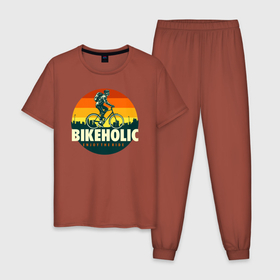 Мужская пижама хлопок с принтом Велоголик в Тюмени, 100% хлопок | брюки и футболка прямого кроя, без карманов, на брюках мягкая резинка на поясе и по низу штанин
 | bmx | rider | велогонки | рампа | экстремальный спорт | экстрим | экстримрайдер