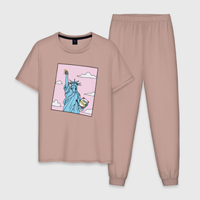 Мужская пижама хлопок с принтом Liberty Pizza , 100% хлопок | брюки и футболка прямого кроя, без карманов, на брюках мягкая резинка на поясе и по низу штанин
 | еда | пицца | прикол | статуя свободы | сша | фастфуд | юмор