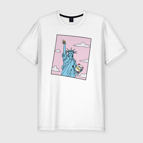 Мужская футболка хлопок Slim с принтом Liberty Pizza в Курске, 92% хлопок, 8% лайкра | приталенный силуэт, круглый вырез ворота, длина до линии бедра, короткий рукав | еда | пицца | прикол | статуя свободы | сша | фастфуд | юмор