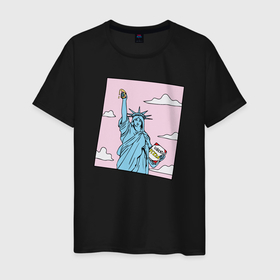 Мужская футболка хлопок с принтом Liberty Pizza , 100% хлопок | прямой крой, круглый вырез горловины, длина до линии бедер, слегка спущенное плечо. | Тематика изображения на принте: еда | пицца | прикол | статуя свободы | сша | фастфуд | юмор