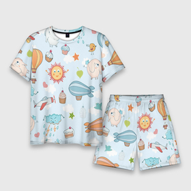 Мужской костюм с шортами 3D с принтом Детские рисунки ,  |  | воздушныйшар | детскиерисунки | облачко | слон | солнышко