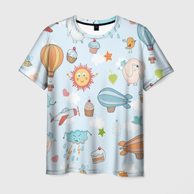 Мужская футболка 3D с принтом Детские рисунки в Новосибирске, 100% полиэфир | прямой крой, круглый вырез горловины, длина до линии бедер | воздушныйшар | детскиерисунки | облачко | слон | солнышко