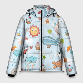Мужская зимняя куртка 3D с принтом Детские рисунки в Петрозаводске, верх — 100% полиэстер; подкладка — 100% полиэстер; утеплитель — 100% полиэстер | длина ниже бедра, свободный силуэт Оверсайз. Есть воротник-стойка, отстегивающийся капюшон и ветрозащитная планка. 

Боковые карманы с листочкой на кнопках и внутренний карман на молнии. | воздушныйшар | детскиерисунки | облачко | слон | солнышко