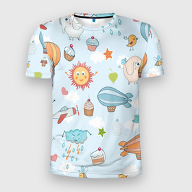 Мужская футболка 3D спортивная с принтом Детские рисунки в Новосибирске, 100% полиэстер с улучшенными характеристиками | приталенный силуэт, круглая горловина, широкие плечи, сужается к линии бедра | воздушныйшар | детскиерисунки | облачко | слон | солнышко