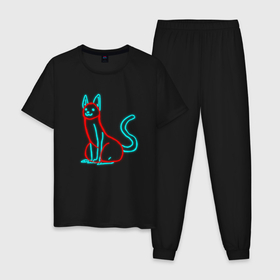 Мужская пижама хлопок с принтом Strange colored cat в Петрозаводске, 100% хлопок | брюки и футболка прямого кроя, без карманов, на брюках мягкая резинка на поясе и по низу штанин
 | кот | кошка | рисунок | светится
