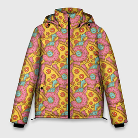 Мужская зимняя куртка 3D с принтом Пицца и пончики в Кировске, верх — 100% полиэстер; подкладка — 100% полиэстер; утеплитель — 100% полиэстер | длина ниже бедра, свободный силуэт Оверсайз. Есть воротник-стойка, отстегивающийся капюшон и ветрозащитная планка. 

Боковые карманы с листочкой на кнопках и внутренний карман на молнии. | background | cheese | donuts | food | pattern | pizza | sausage | texture | еда | колбаса | паттерн | пицца | пончики | сыр | текстура | фон