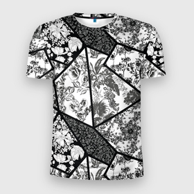 Мужская футболка 3D спортивная с принтом Цветочный Кинцуги / Kintsugi , 100% полиэстер с улучшенными характеристиками | приталенный силуэт, круглая горловина, широкие плечи, сужается к линии бедра | kintsugi | кинцуги | разбитый | трещины | флора | флоральный | цветочный | цветы | чб | черно белый