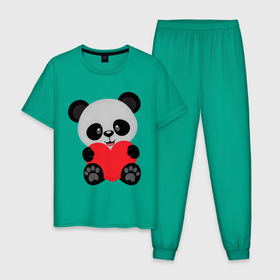 Мужская пижама хлопок с принтом Love Панда , 100% хлопок | брюки и футболка прямого кроя, без карманов, на брюках мягкая резинка на поясе и по низу штанин
 | Тематика изображения на принте: маленькая панда | медвежонок | панда | сердце | черно белый медведь