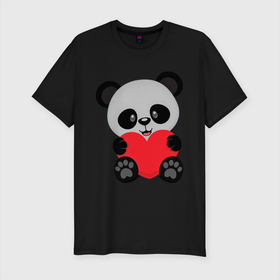 Мужская футболка хлопок Slim с принтом Love Панда в Санкт-Петербурге, 92% хлопок, 8% лайкра | приталенный силуэт, круглый вырез ворота, длина до линии бедра, короткий рукав | маленькая панда | медвежонок | панда | сердце | черно белый медведь