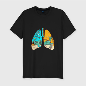 Мужская футболка хлопок Slim с принтом Travel lungs в Новосибирске, 92% хлопок, 8% лайкра | приталенный силуэт, круглый вырез ворота, длина до линии бедра, короткий рукав | Тематика изображения на принте: горы | жизнь путешественника | легкие | море | путешествие