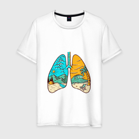 Мужская футболка хлопок с принтом Travel lungs в Новосибирске, 100% хлопок | прямой крой, круглый вырез горловины, длина до линии бедер, слегка спущенное плечо. | горы | жизнь путешественника | легкие | море | путешествие
