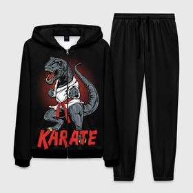 Мужской костюм 3D с принтом KARATE T-REX в Санкт-Петербурге, 100% полиэстер | Манжеты и пояс оформлены тканевой резинкой, двухслойный капюшон со шнурком для регулировки, карманы спереди | animal | dinosaur | fight | fighter | hunter | karate | red | sport | strong | t rex | боец | бои | динозавр | карате | сила | спорт | тиранозавр | хищник