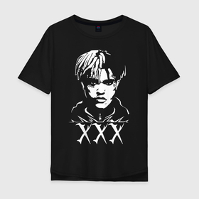 Мужская футболка хлопок Oversize с принтом XXXTENTANCION V1 в Тюмени, 100% хлопок | свободный крой, круглый ворот, “спинка” длиннее передней части | xxx | белый | лицо | силуэт | смотрит