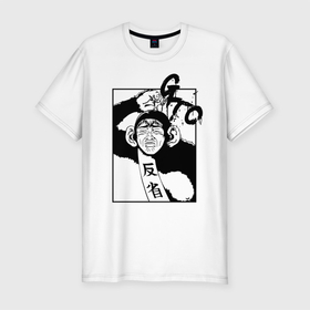 Мужская футболка хлопок Slim с принтом GTO V3 в Петрозаводске, 92% хлопок, 8% лайкра | приталенный силуэт, круглый вырез ворота, длина до линии бедра, короткий рукав | лицо | мартышка | обезьяна | онидзука | силуэт | человек | черный