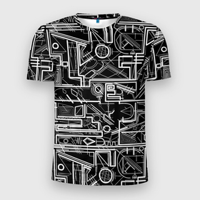 Мужская футболка 3D спортивная с принтом Белые абстрактные линии в Новосибирске, 100% полиэстер с улучшенными характеристиками | приталенный силуэт, круглая горловина, широкие плечи, сужается к линии бедра | абстракция | геометрия | линии | модерн | черно белое