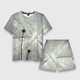 Мужской костюм с шортами 3D с принтом Одуванчики ,  |  | Тематика изображения на принте: волны | мятое | одуванчик | одуванчики | пух | серый фон | цветок