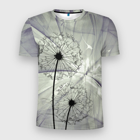 Мужская футболка 3D спортивная с принтом Одуванчики , 100% полиэстер с улучшенными характеристиками | приталенный силуэт, круглая горловина, широкие плечи, сужается к линии бедра | волны | мятое | одуванчик | одуванчики | пух | серый фон | цветок