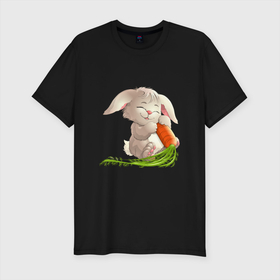 Мужская футболка хлопок Slim с принтом Солнышко с морковкой в Екатеринбурге, 92% хлопок, 8% лайкра | приталенный силуэт, круглый вырез ворота, длина до линии бедра, короткий рукав | животное | зайчик | заяц | зверь | кролик | морковка | пушистый | серый зайка | уши | хвост