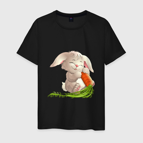 Мужская футболка хлопок с принтом Солнышко с морковкой в Новосибирске, 100% хлопок | прямой крой, круглый вырез горловины, длина до линии бедер, слегка спущенное плечо. | животное | зайчик | заяц | зверь | кролик | морковка | пушистый | серый зайка | уши | хвост